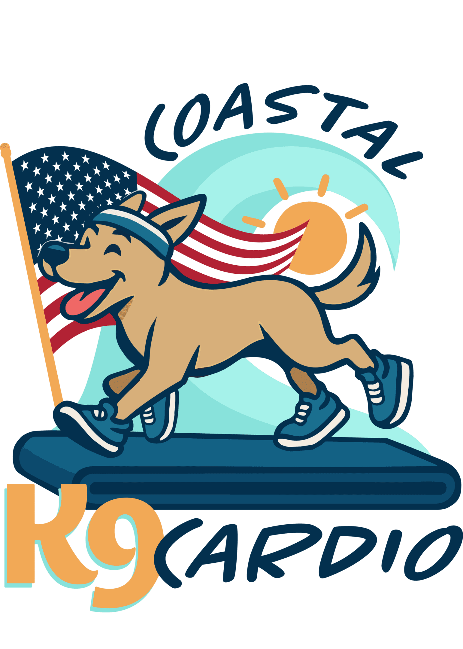 Happy dog skating with American flag and sunrise background.